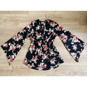 Show Me Your MUMU Kimono Robe Flare Sleeves Black Floral Missing Belt